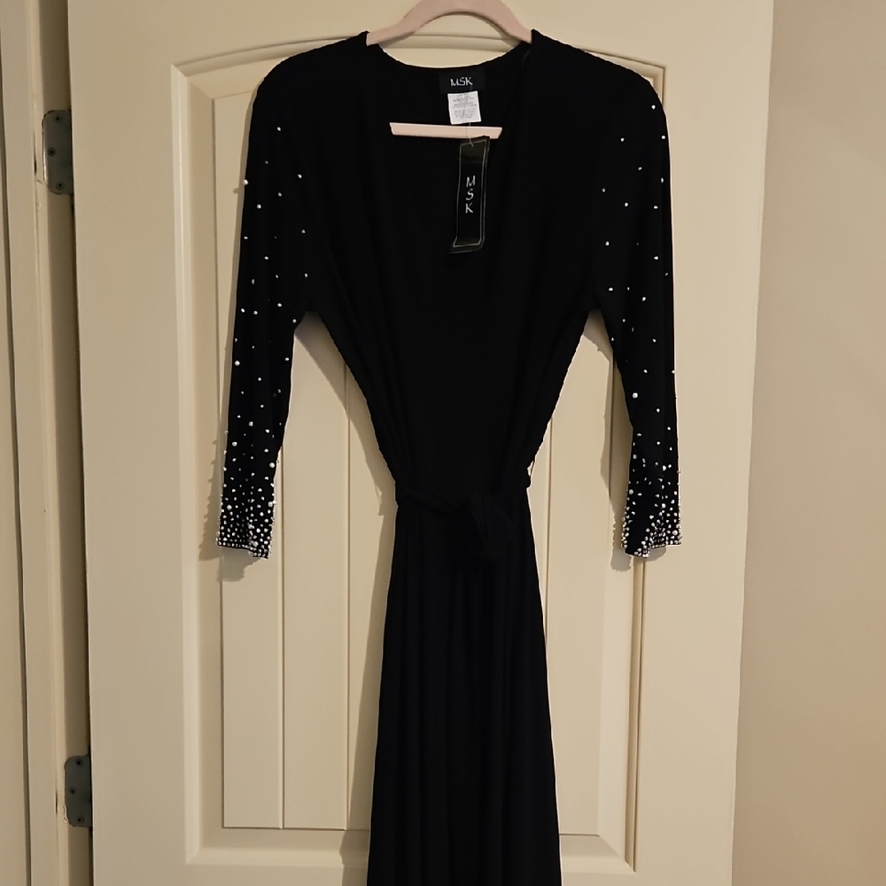 MSK Lux Elegant Black Dress with Pearl and Rhinestone Accents